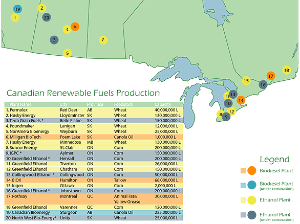 Biofuel plants in Canada, concentrated in Canada's industrial heartland and the prairies.