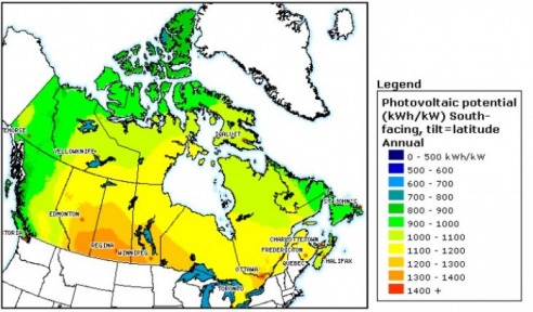 A map provided by CanMet showing the solar potential of Canada's various regions.
